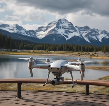 A white drone is positioned on a wooden surface outdoors with a backdrop of snow-covered mountains. A person is holding a remote control device to the right, possibly operating the drone.