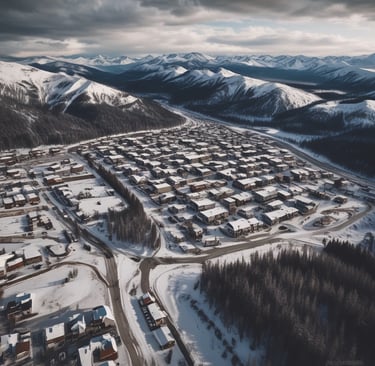 A drone is flying in the sky over a picturesque landscape. Snow-capped mountains stand in the background, and a body of water reflects the scenery. The foreground features a rugged terrain with patches of grass and rock.