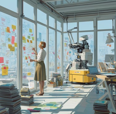 a woman standing in front of a robot.AI Agent - AI assistant - Funnel de vente- Epsilonn