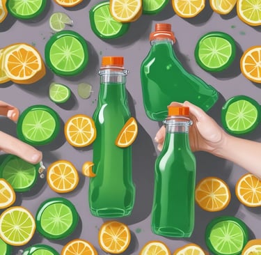 A coconut with a straw inserted sits on a wooden surface. The coconut is branded with the words 'Empire Fit Club Bali'. In the background, there is a lush green field and an overcast sky with orange-yellow tinges from a setting or rising sun.