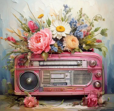 a radio player with flowers on a table