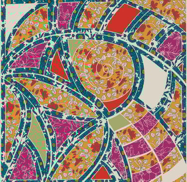  “Vibrant radial swirl pattern with green, red, and blue — energetic and playful.”