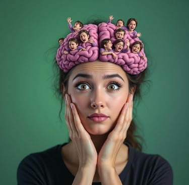 Surprised woman with pink brain with many younger versions of herself. It shows the subconscious min