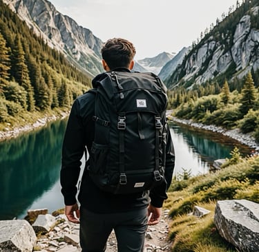a man standing on a rocky path with a backpack while overlooking a basin in the mountains