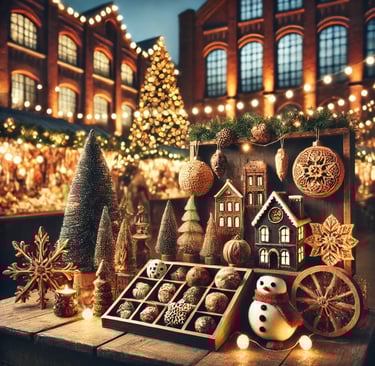 Selbstgebastelte Produkte vor der Kulisse eines urbanen Weihnachtsmarktes