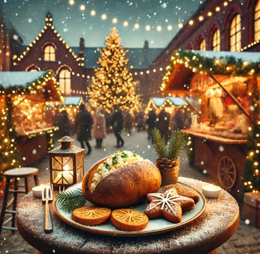 Weihnachtlicher Ofenkartoffel hübsch präsentiert vor der Kulisse eines urbanen Weihnachtsmarktes