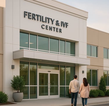 “Modern fertility clinic exterior with large glass windows, clean architecture, soft pastel facade, 