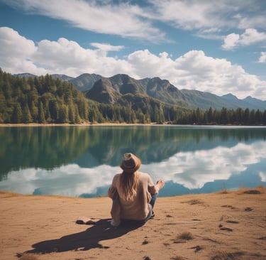 A notebook page with handwritten daily affirmations is being held up against a background of sunlight and blurred trees.