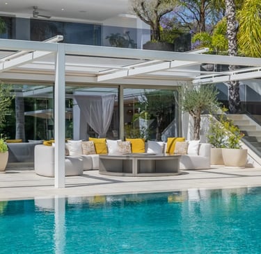 Villa Serenity poolside with canopy lounge and outdoor seating