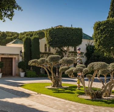 Gated entrance courtyard with manicured topiary and mature trees