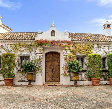 Historic Andalusian courtyard with tiled fountain and potted plants