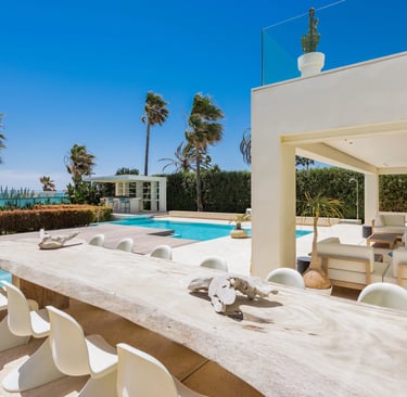 Covered terrace lounge with pool and garden