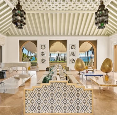 Living room at Villa El Rincon with Moroccan accents and sea views