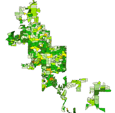 a map of a extensive cultivation of palm oil managed by sotware