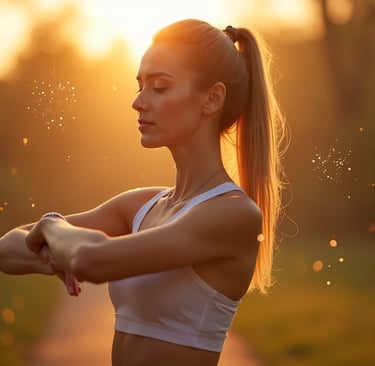 Beneficios del ejercicio para la piel: mujer haciendo estiramientos al aire libre con piel radiante.