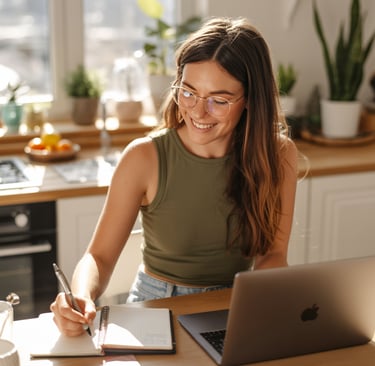 a woman sitting at a table with a laptop and a notebook