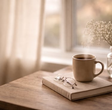 Steaming cup of coffee on a book with glasses and baby's breath flowers by a window.