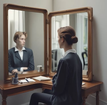 A man in a long coat stands in a dark hallway, facing a bright open doorway.