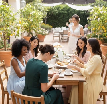 a group of women sitting at a table with drinks and permanent jewelry