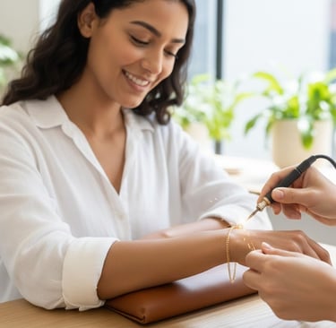 a woman is getting a permanent bracelet 