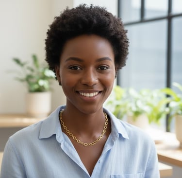 a woman in a blue shirt and a gold chain necklace