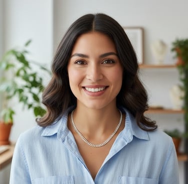 a woman in a blue shirt wearing permanent jewelry