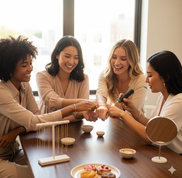 a group of women sitting around a table with matching bracelets