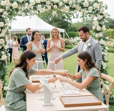 a bride and groomsmans getting permanent jewelry applied