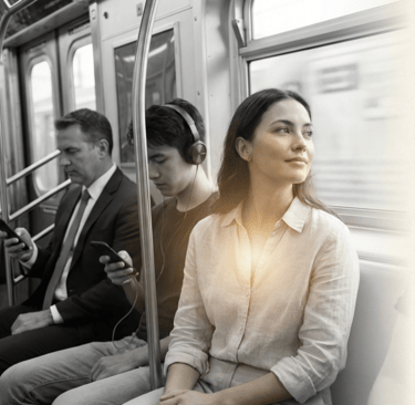 Woman meditating on train demonstrating mindfulness spiritual awakening daily meditation