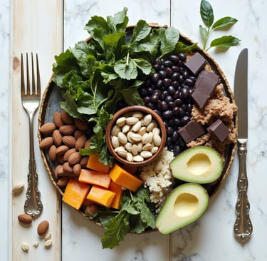 Magnesium-rich foods including greens, almonds, and dark chocolate supporting natural better sleep