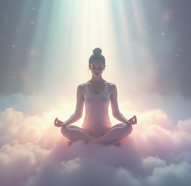 Woman practicing meditation for spiritual awakening at sunrise with peaceful cloudy sky