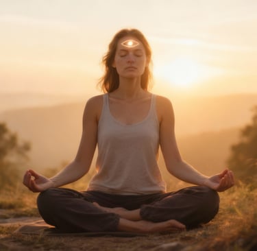 Woman practicing spiritual awakening meditation at sunrise with mindful breathing technique