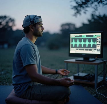 Person wearing EEG headset meditating outdoor showing meditation brain activity research