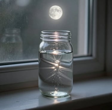 Moon water ritual charging water with lunar energy on windowsill overnight