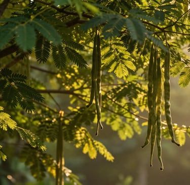 Majestic moringa tree with delicate feathery leaves and drumstick pods in golden light