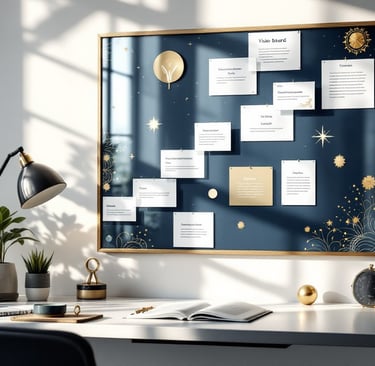 Vision board workspace showing manifestation goals and affirmations with natural lighting and spirit