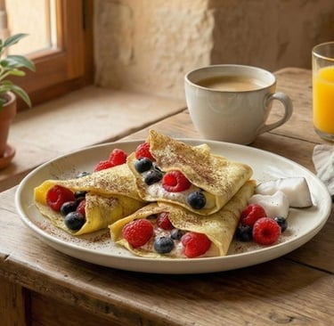 Crepes leggeri al cocco ripiene di frutta e yogurt.