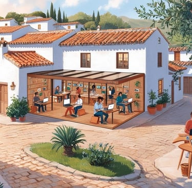 un espacio de coworking en un encantador pueblo español con casas tradicionales en las que trabajan teletrabajadores.