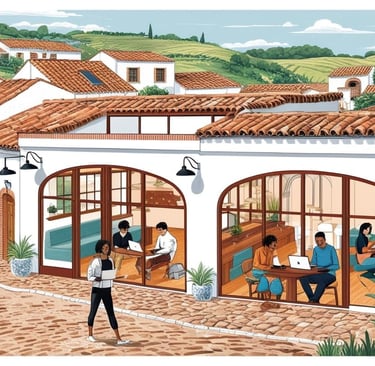 un espacio de coworking en un encantador pueblo español con casas tradicionales en las que trabajan teletrabajadores.