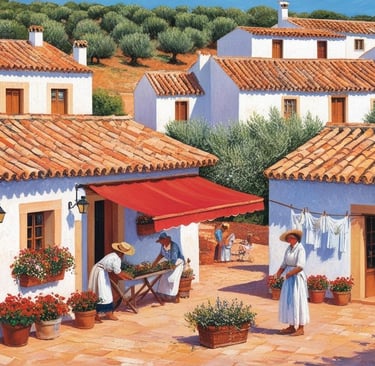 a village with houses and their inhabitants going about their daily lives.