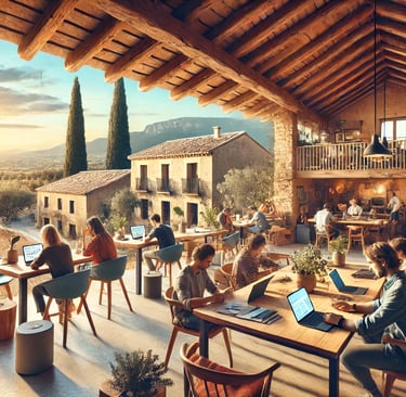 un hermoso espacio de coworking en un encantador pueblo español con casas tradicionales