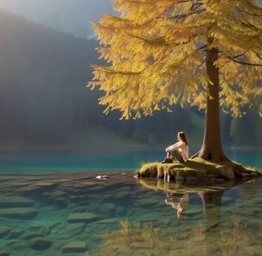 une femme femmensous un arbre au milieu d'un lac avec une magnifique forêt autour
