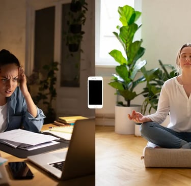 2 images en une. une vue une femme qui réflechie et une autre a cotè qui prend le temps d'une relaxation