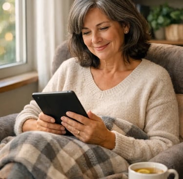 a woman sitting in a chair with a tablet computer