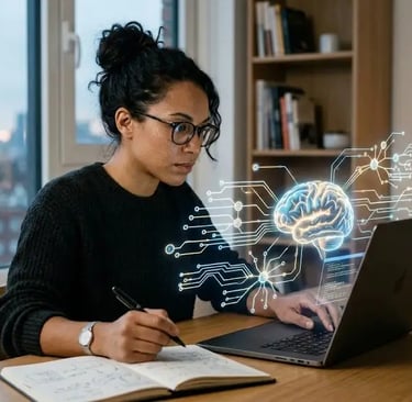 une femme devant son ordi qui réfléchie