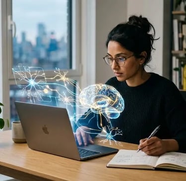 une femme devant son ordi qui prend des notes