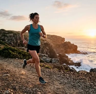 une femme qui fait son jogging au bord d'une falaise
