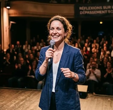 une femme sur une scène prlant dans un micro