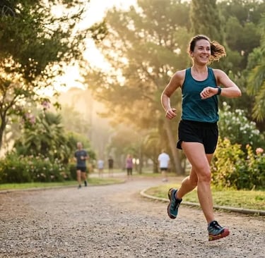 une joggeuse dans un parc qui souris en regardant sa montre