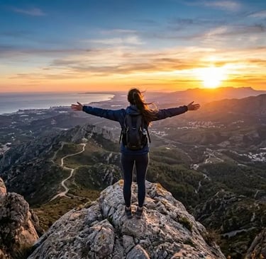 une femme au sommet d'une montage les bras en croix
